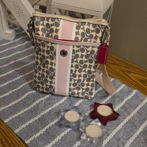 Coach Pink and Tan Crossbody Bag with Signature Style